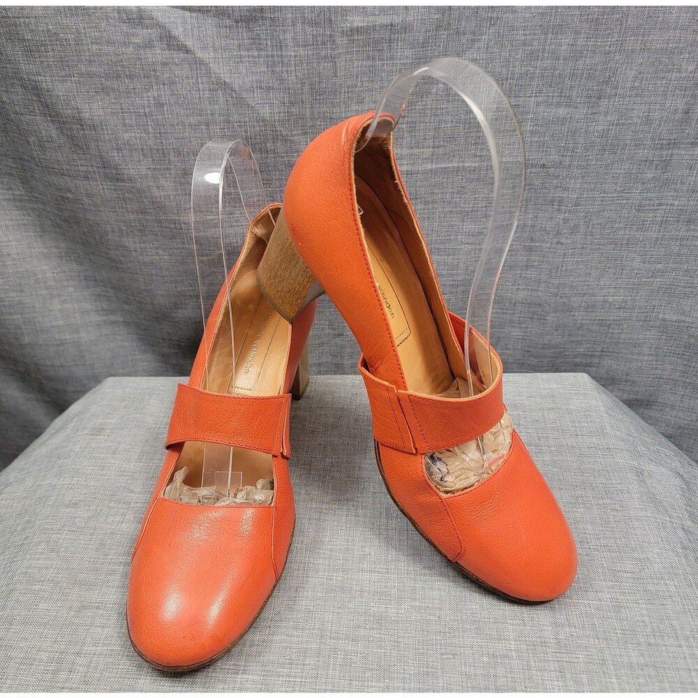 Nathalie Verlinden Orange Leather Mary Jane Block Heel Pump Women's Size 40